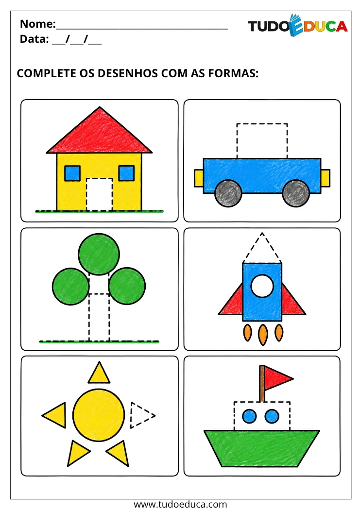 Atividade complete os desenhos com as formas para deficiência intelectual