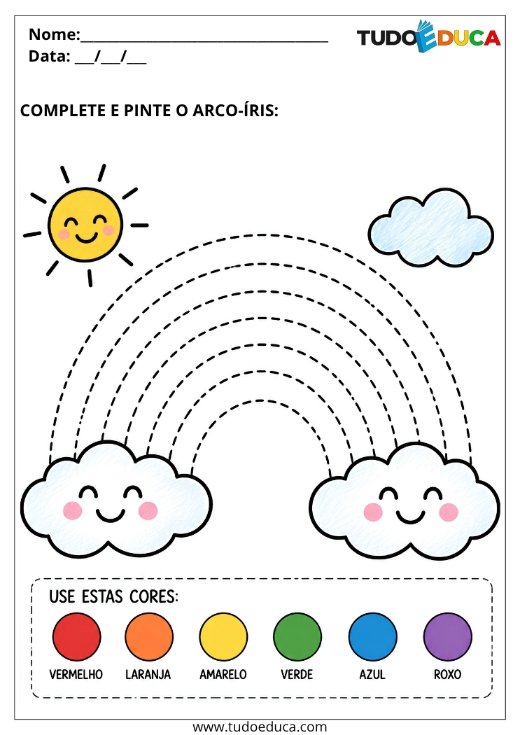 Atividade de Coordenação Motora pinte o arco iris para Educação Infantil