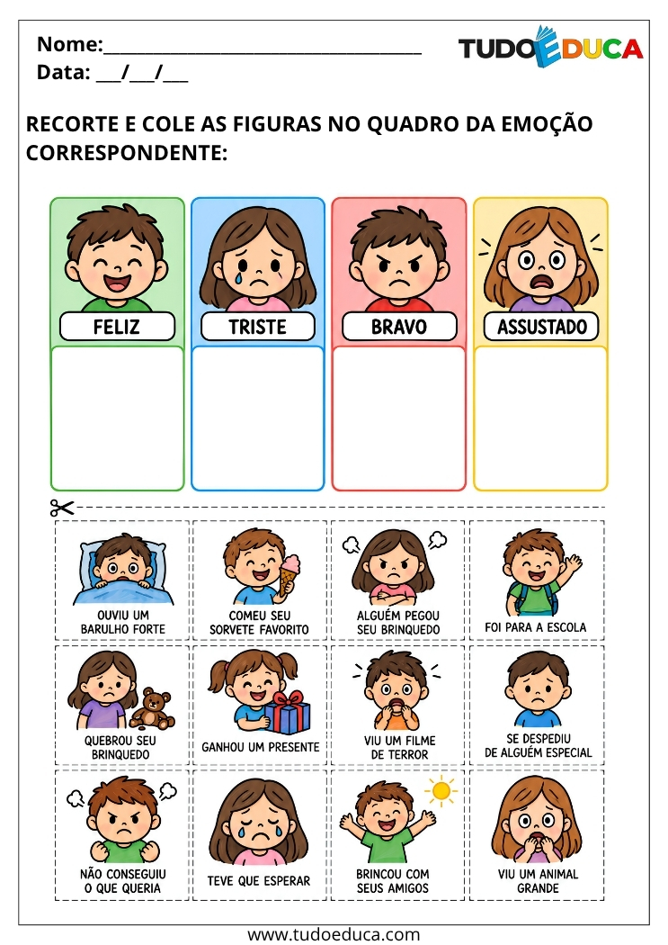 Atividade de Emoções para Deficiência Intelectual recorte e cole