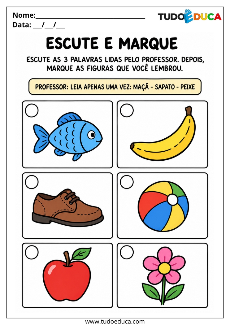 Atividade de Memória para Deficiência Intelectual escute e marque