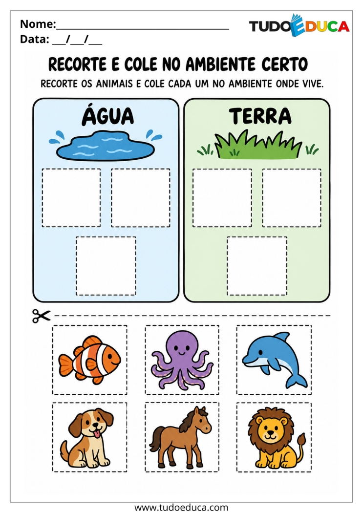 Atividade de Recorte e Colagem dos animais para Deficiência Intelectual