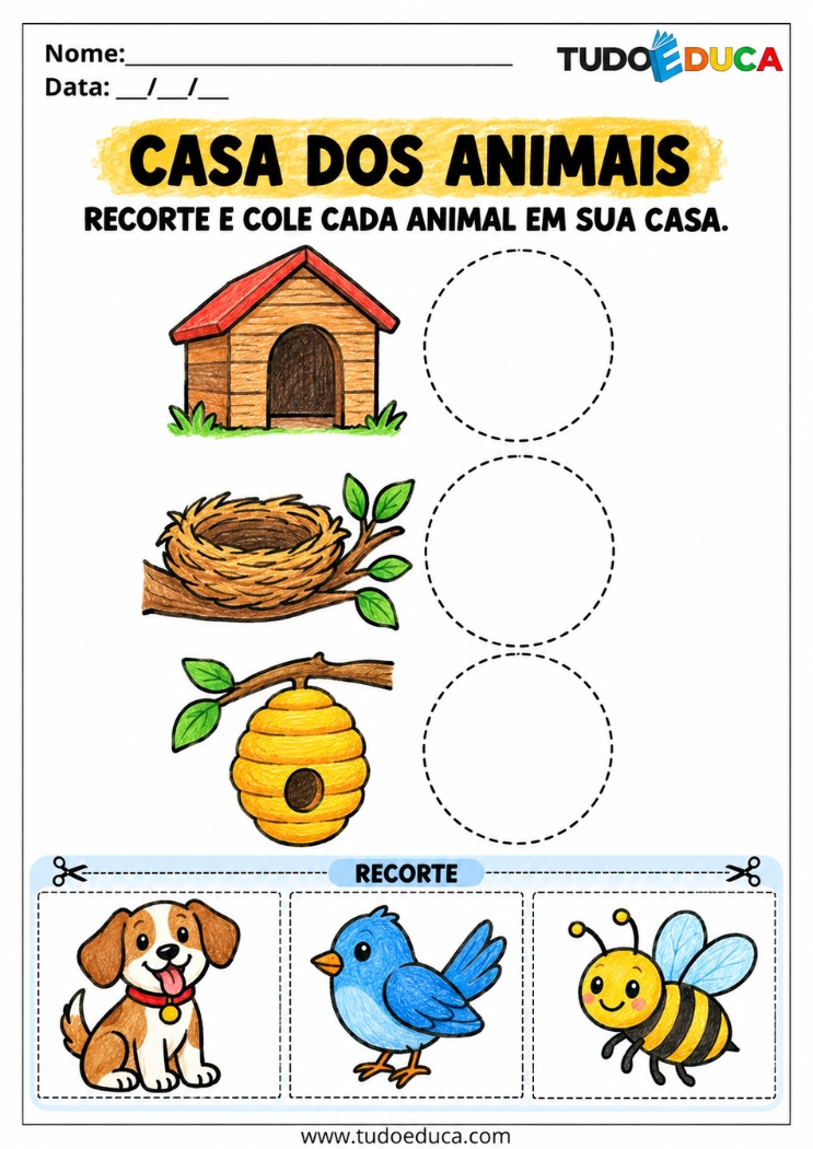 Atividade de Recorte e Cole a casa dos animais para Educação Infantil