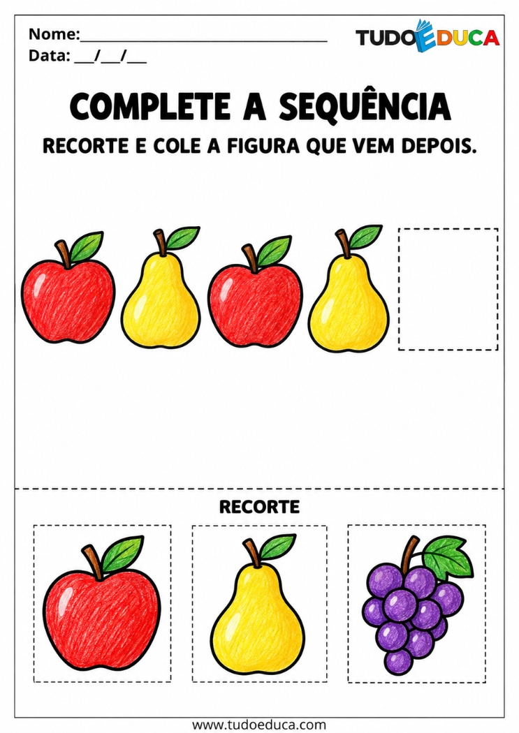 Atividade de Recorte e Cole com sequencia para Educação Infantil