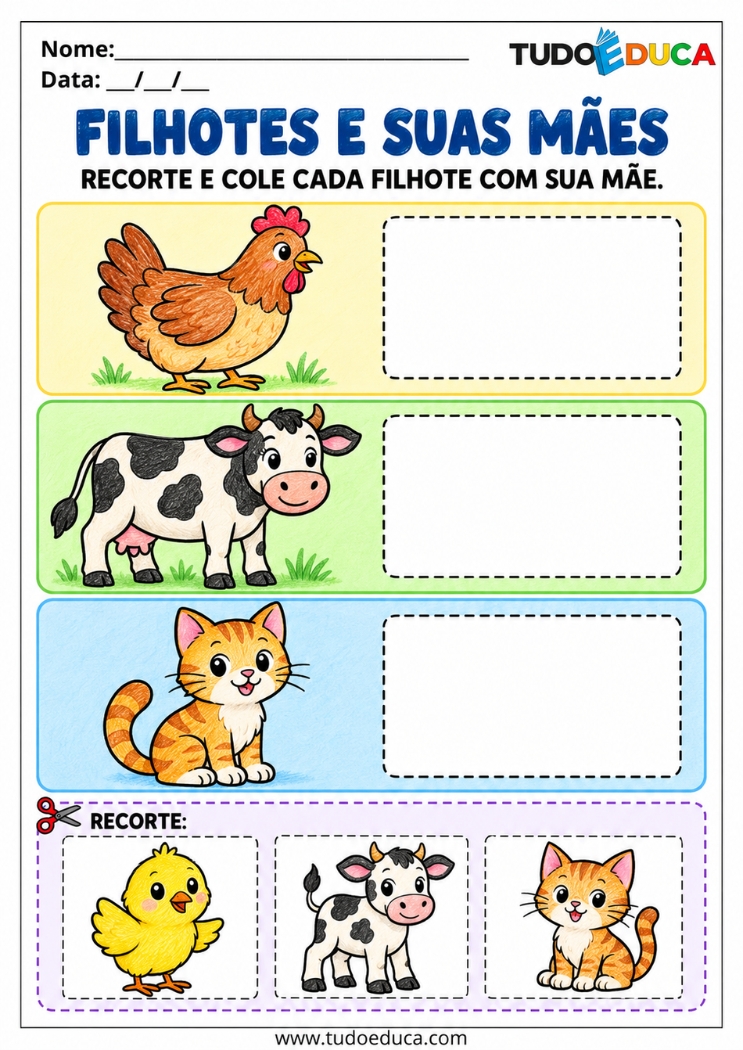 Atividade de Recorte e Cole os filhotes para Educação Infantil