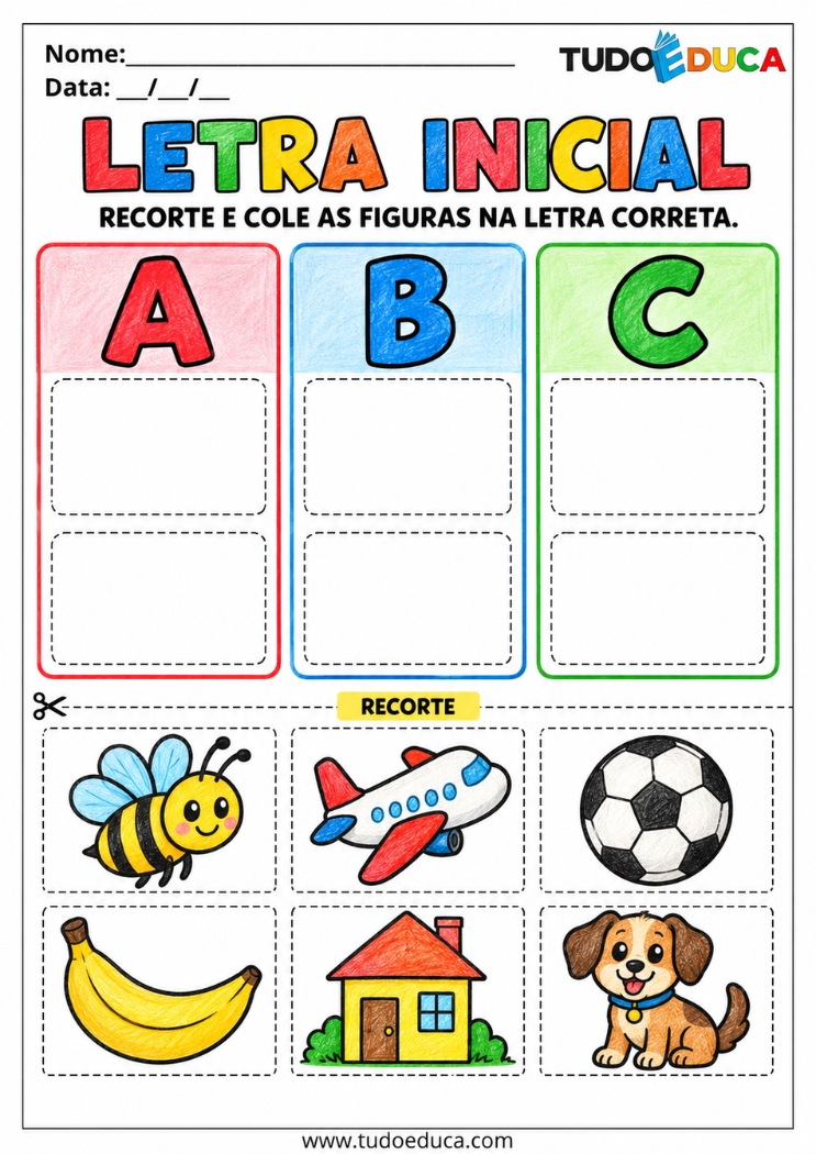 Atividade de Recorte e Cole para alfabetização para Educação Infantil