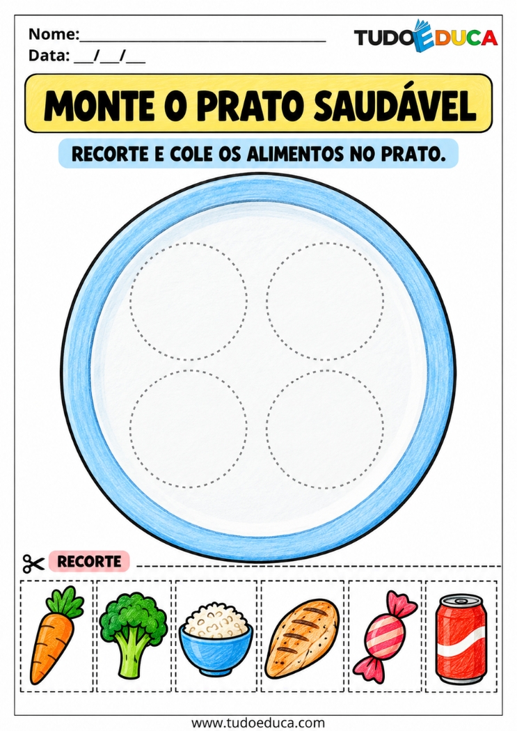 Atividade de Recorte e Cole sobre alimentação para Educação Infantil