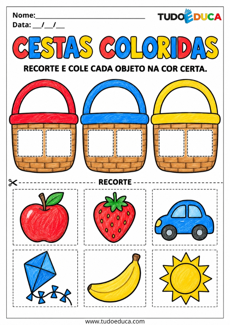 Atividade de Recorte e Cole sobre cores para Educação Infantil