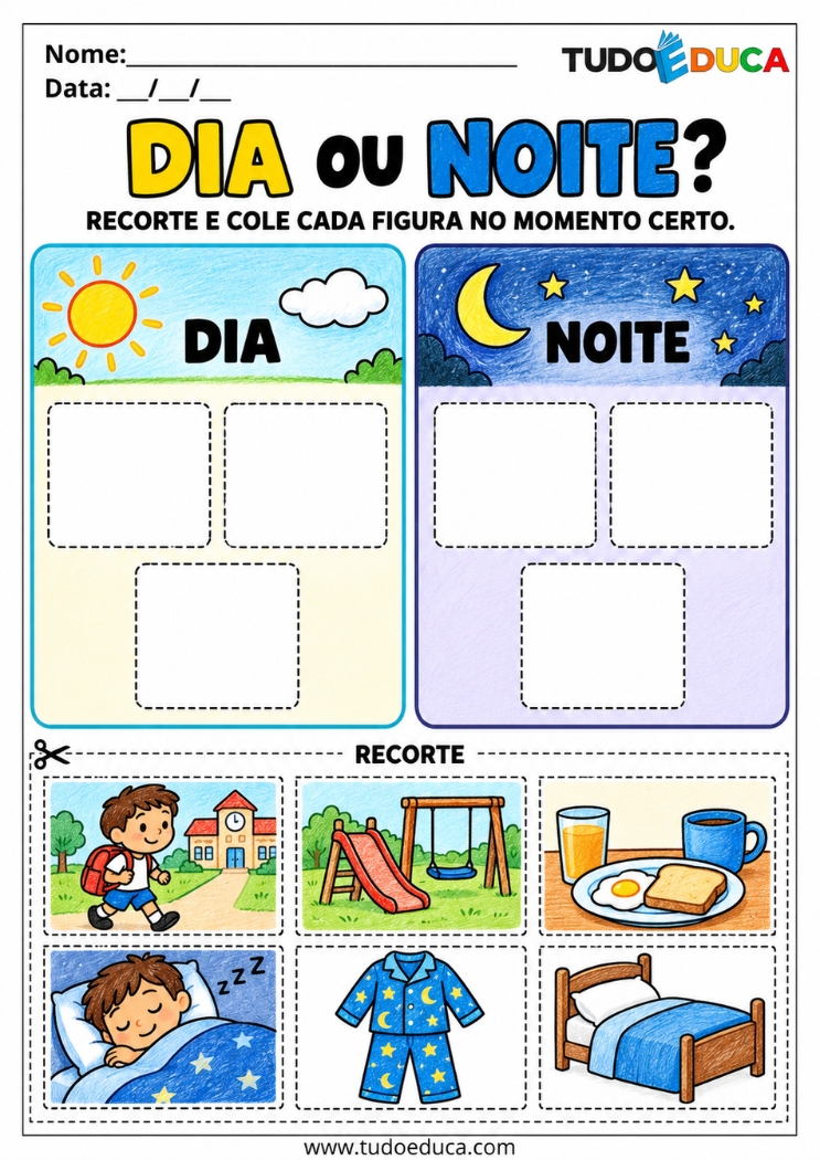 Atividade de Recorte e Cole sobre dia e noite para Educação Infantil