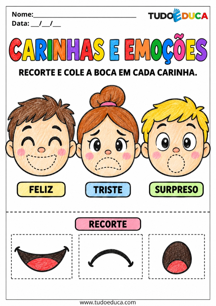 Atividade de Recorte e Cole sobre emoções para Educação Infantil