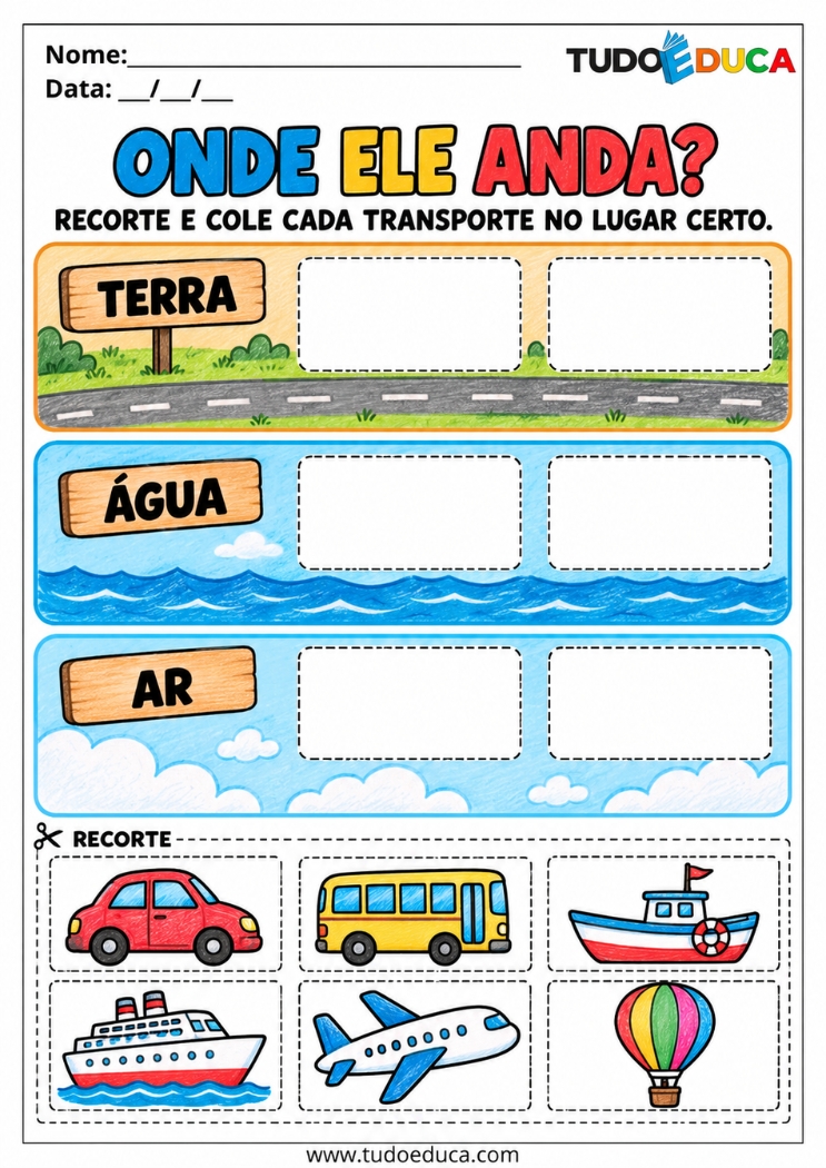 Atividade de Recorte e Cole sobre meios de transporte para Educação Infantil