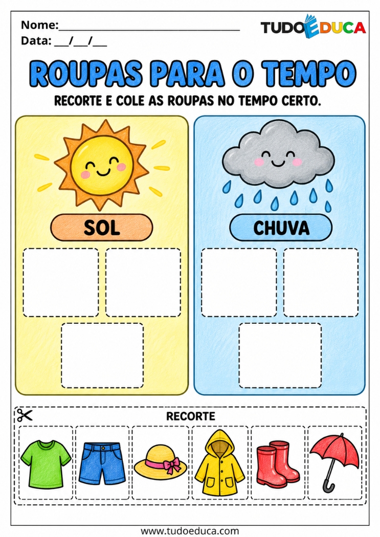 Atividade de Recorte e Cole sobre o tempo para Educação Infantil