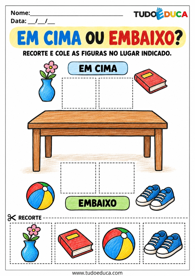 Atividade de Recorte e Cole sobre posição para Educação Infantil