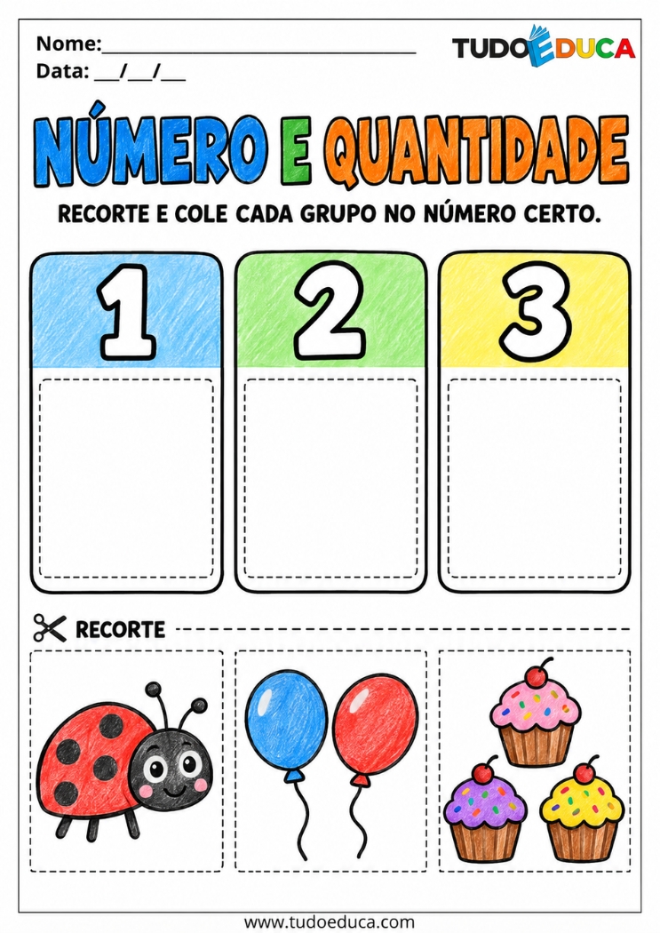 Atividade de Recorte e Cole sobre quantidades para Educação Infantil