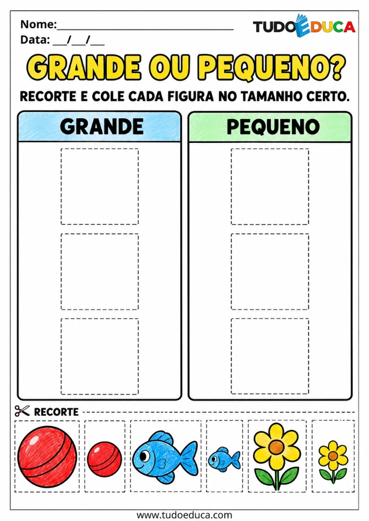 Atividade de Recorte e Cole sobre tamanho para Educação Infantil