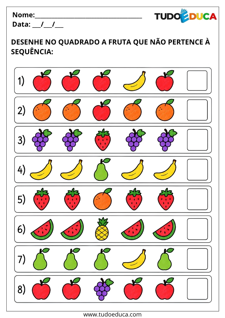 Atividade de Sequência Lógica de frutas para TDAH