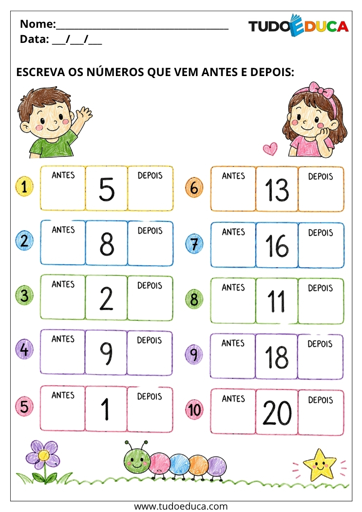 Atividade de Sequência Numérica escreva os números de antes e depois para Deficiência Intelectual