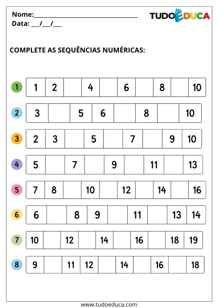 Atividade de Sequência Numérica para Deficiência Intelectual para imprimir