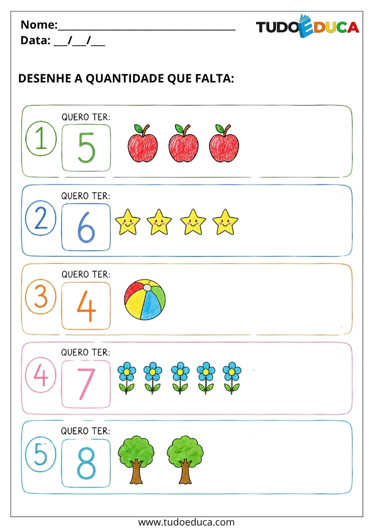 Atividade de contagem para deficiência intelectual complete as quantidades