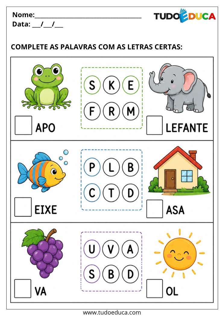 Atividade para Educação Infantil complete as palavras