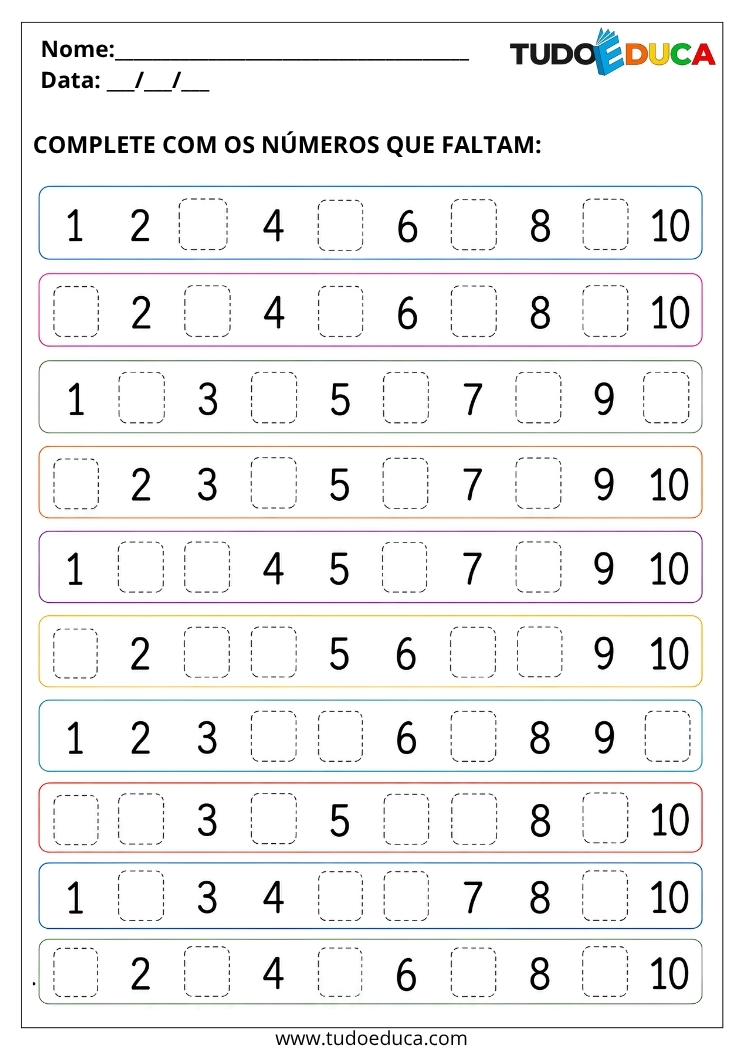 Atividade para Educação Infantil complete os números para Imprimir