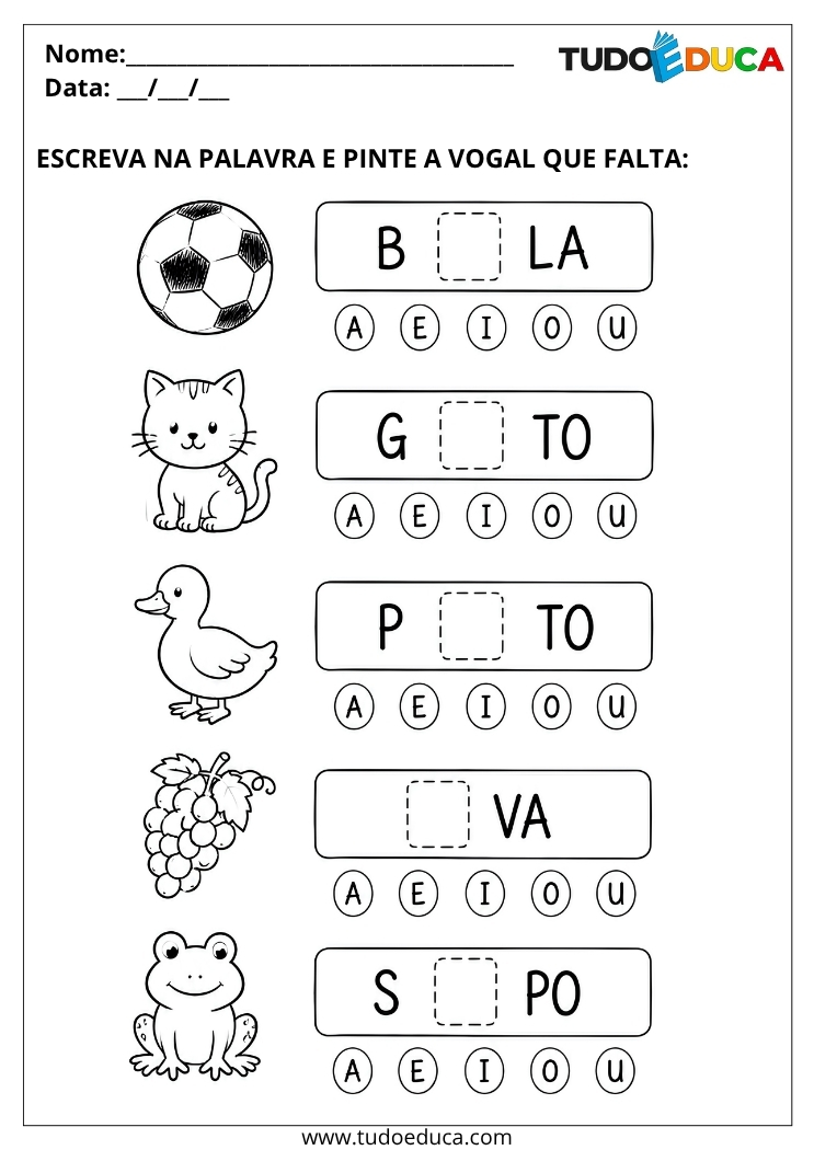 Atividade para Educação Infantil escreva as palavras com a vogal para Imprimir