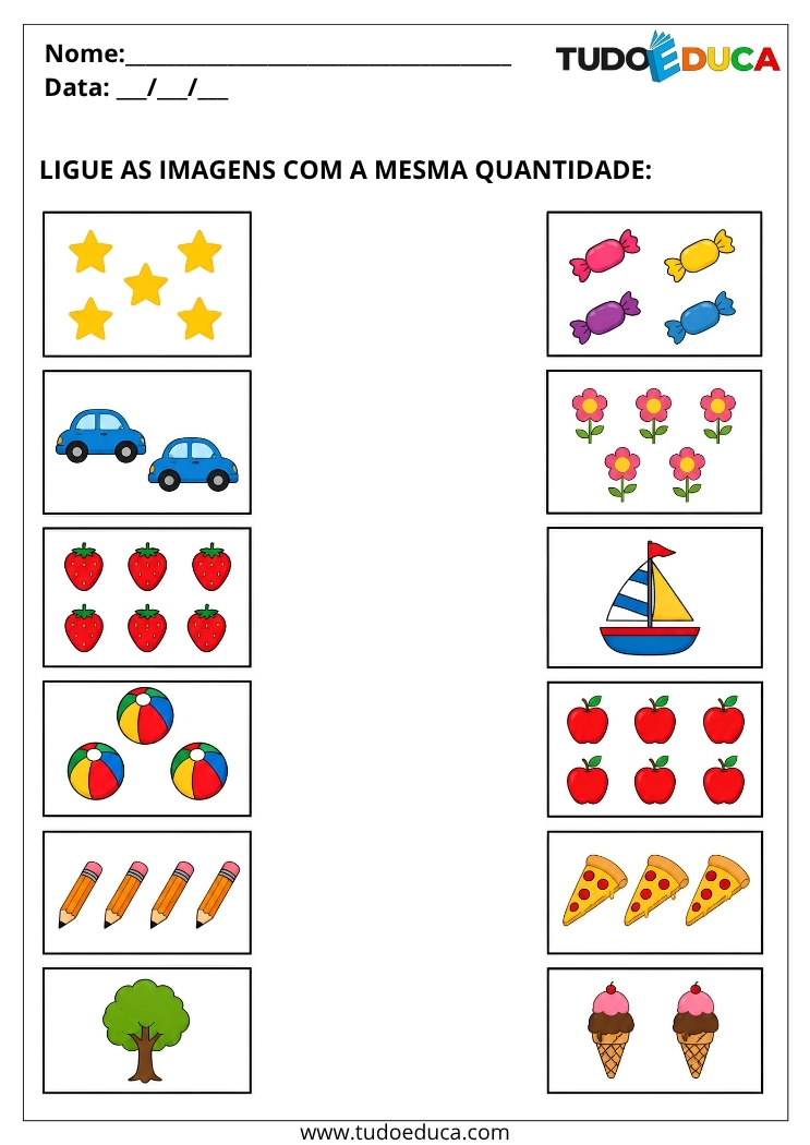 Atividade para Educação Infantil ligue as quantidades iguais