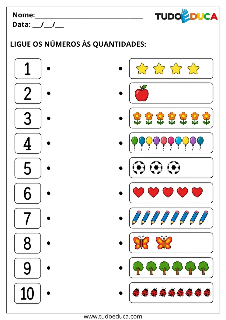 Atividade para Educação Infantil ligue as quantidades para Imprimir