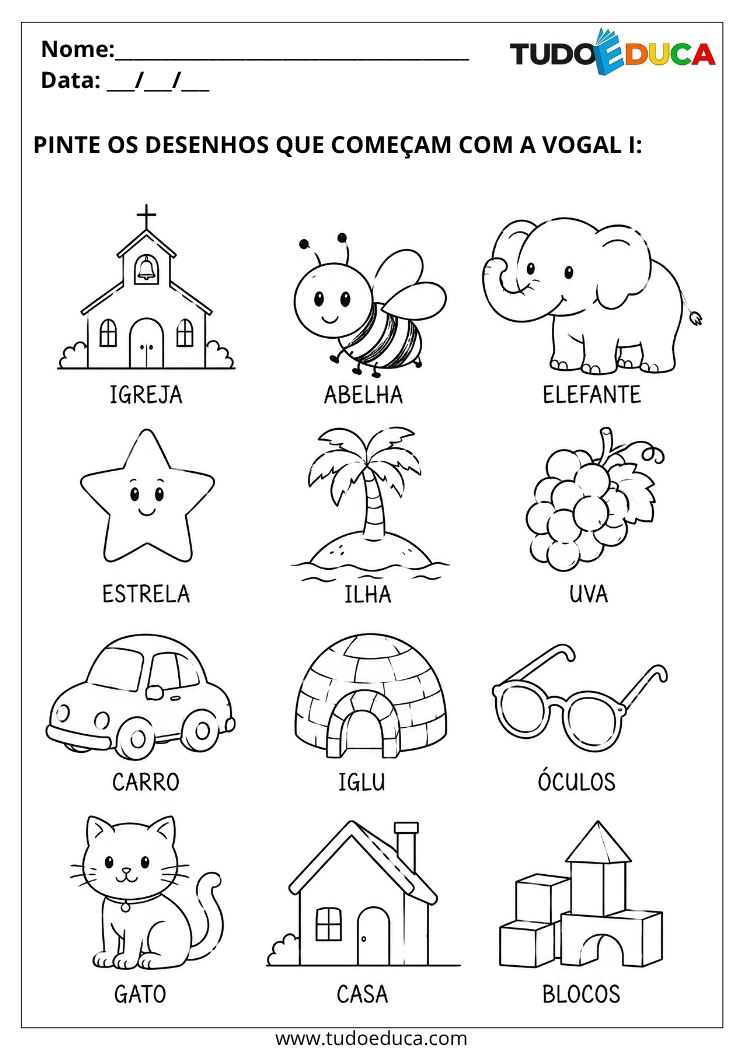 Atividade para Educação Infantil pinte as figuras com i para Imprimir