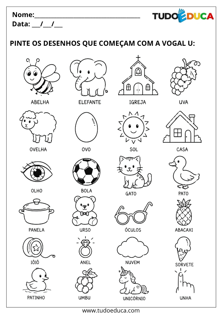 Atividade para Educação Infantil pinte as figuras com u para Imprimir