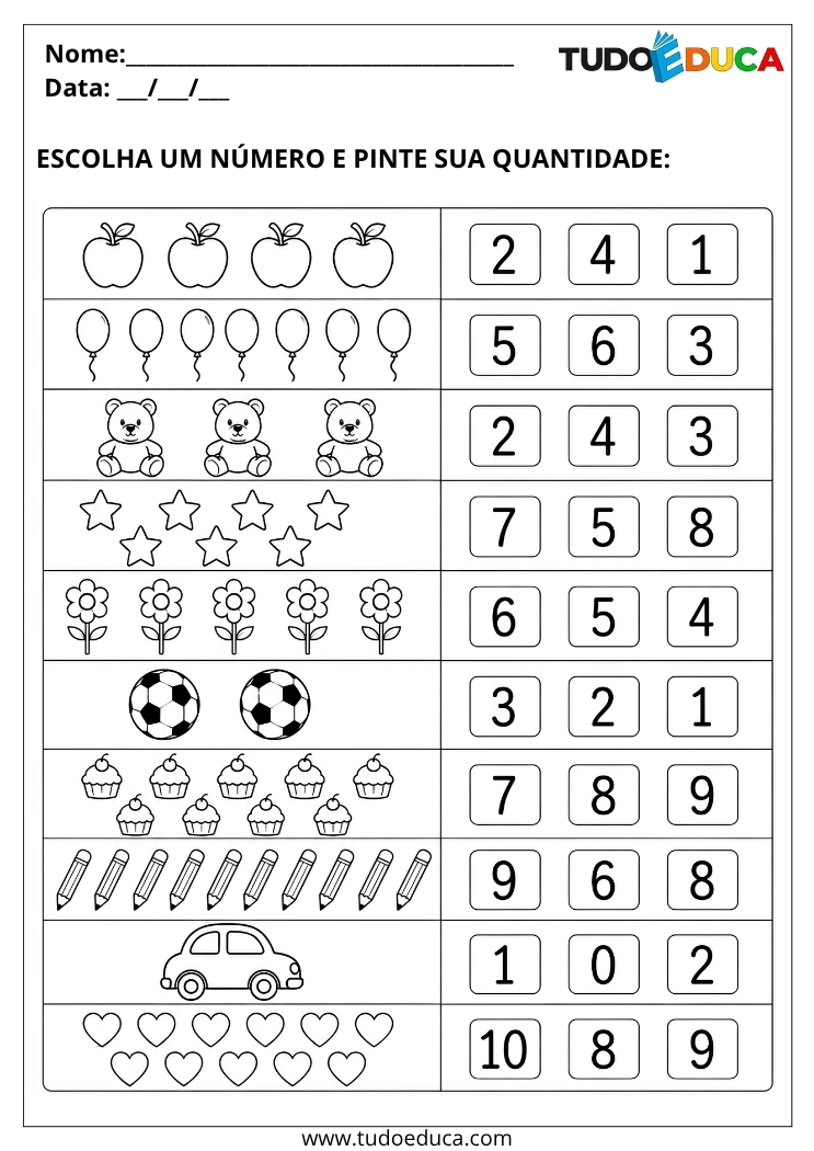 Atividade para Educação Infantil pinte as quantidades para Imprimir