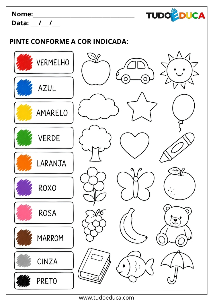 Atividade para Educação Infantil pinte da cor correta