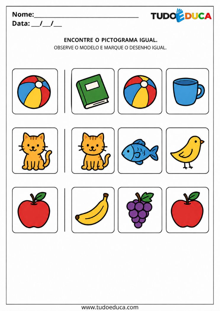 Atividade com Pictogramas para Autismo encontre o igual