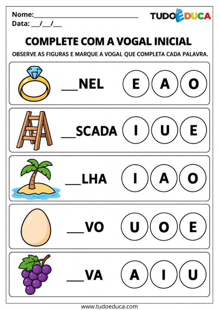 Atividade com Vogais de completar as palavras para Síndrome de Down