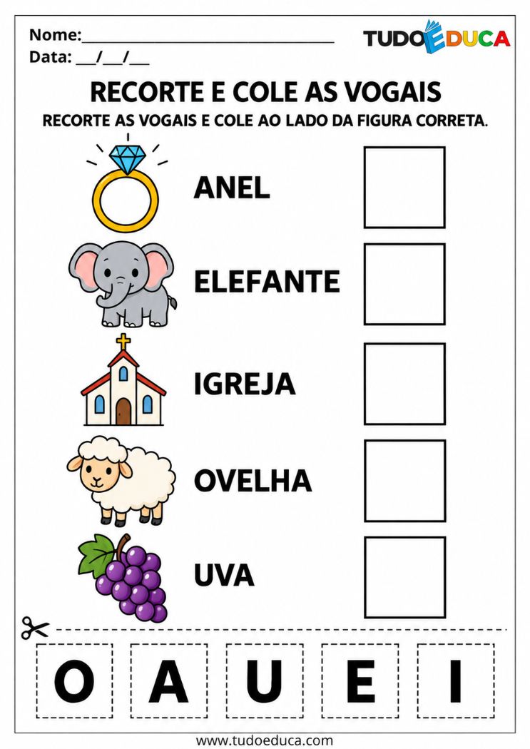 Atividade com Vogais de recorte e cole para Síndrome de Down