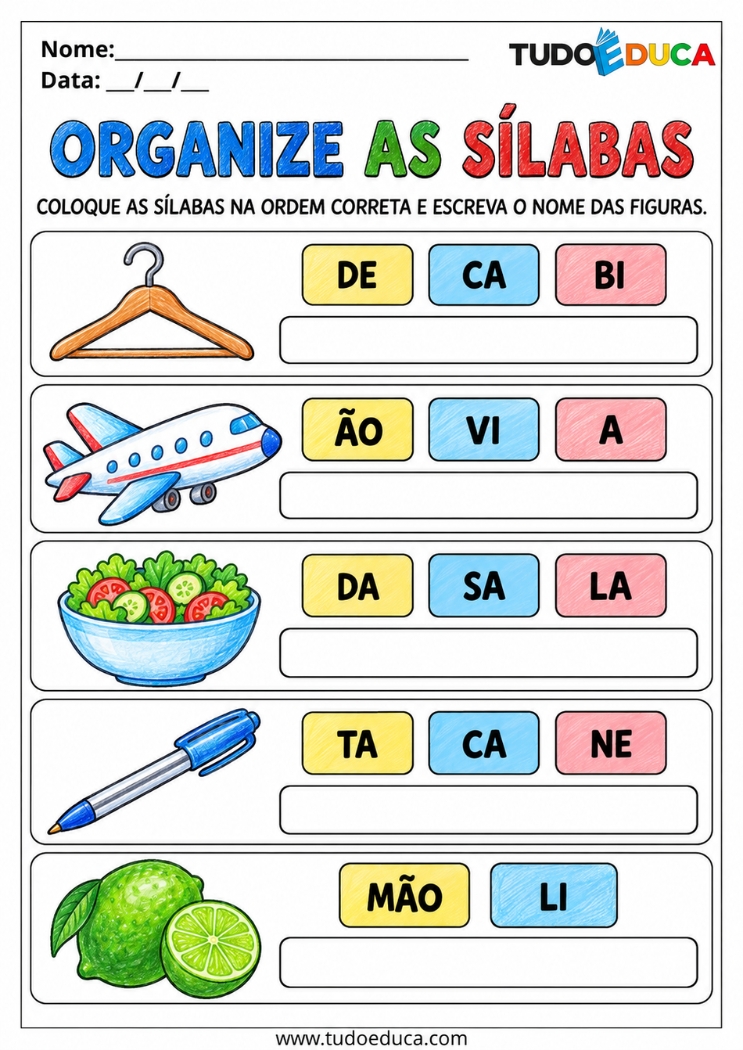 Atividade com organização de sílabas para imprimir