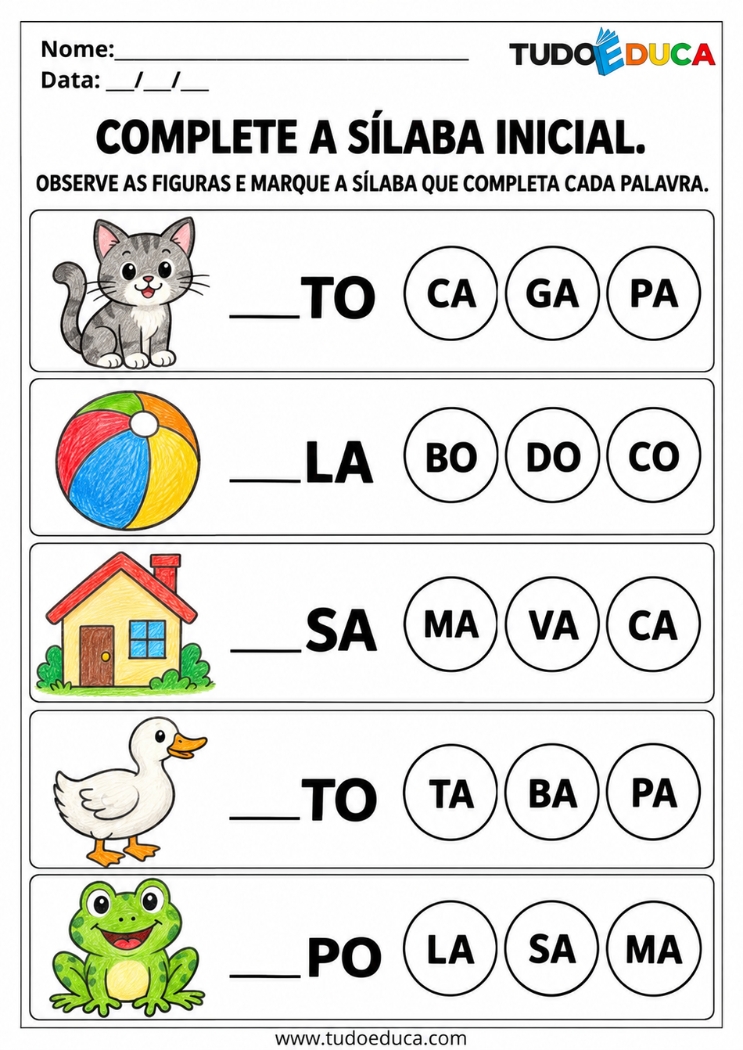 Atividade com sílaba inicial para imprimir