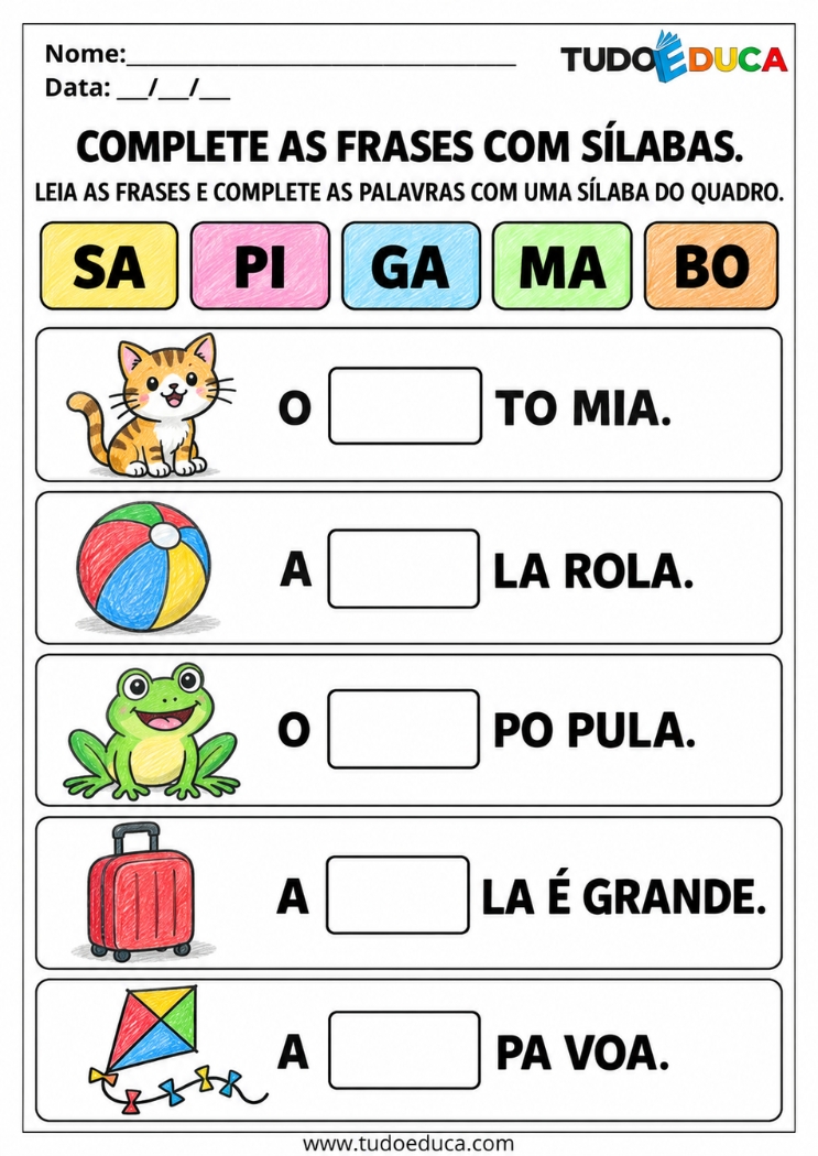 Atividade com sílabas complete as frases para imprimir