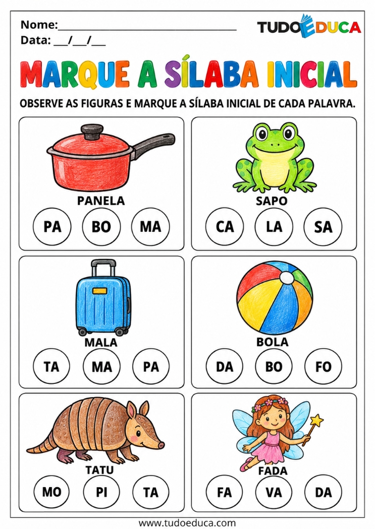 Atividade com sílabas de marcar a inicial para imprimir