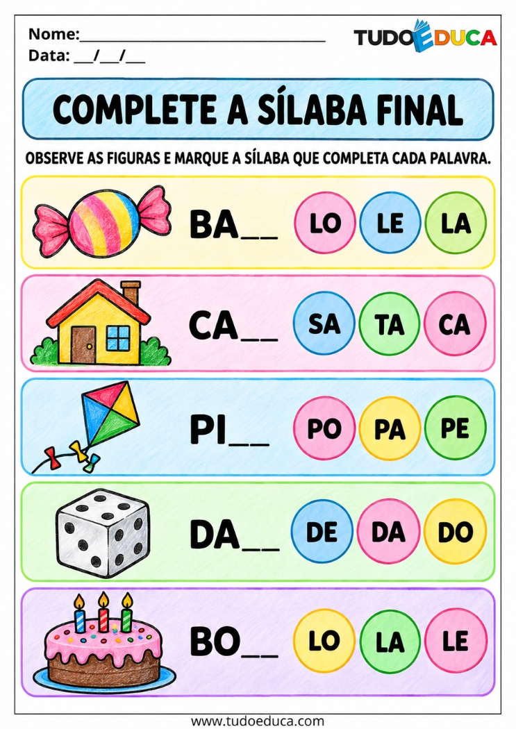Atividade com sílabas finais para imprimir