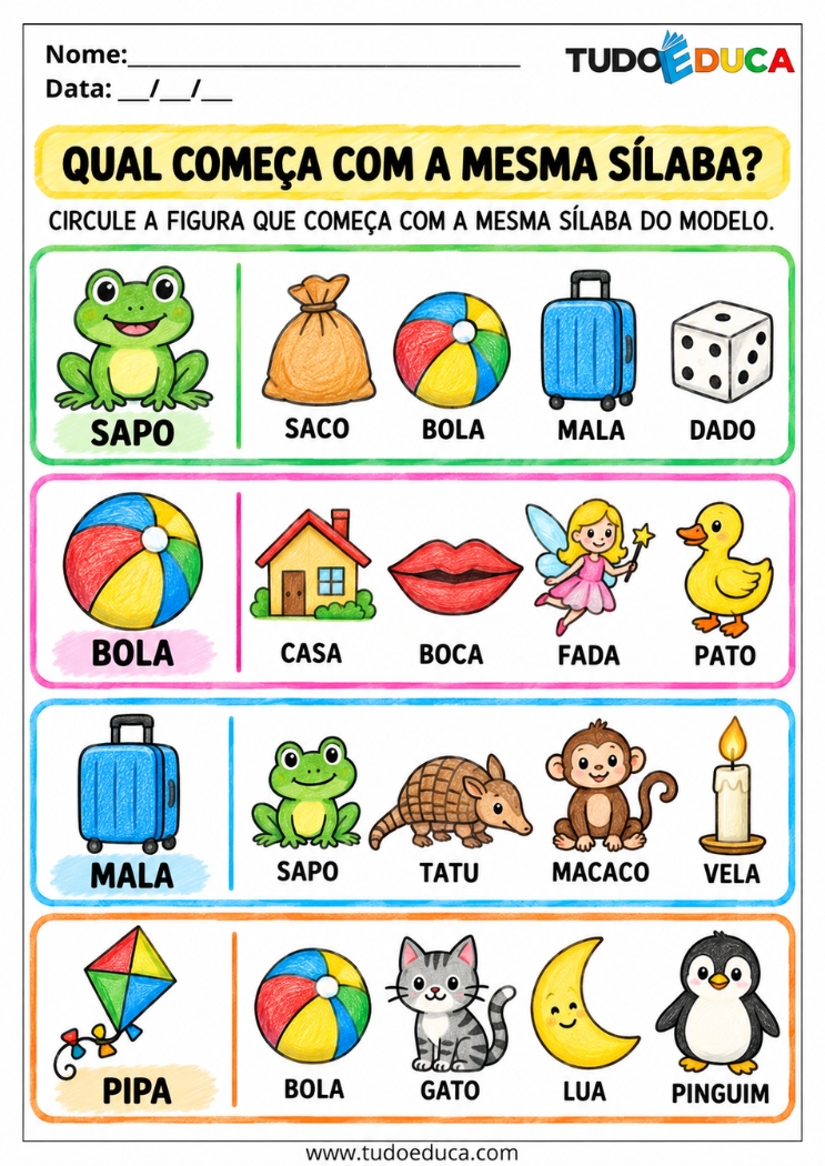 Atividade com sílabas iniciais para imprimir