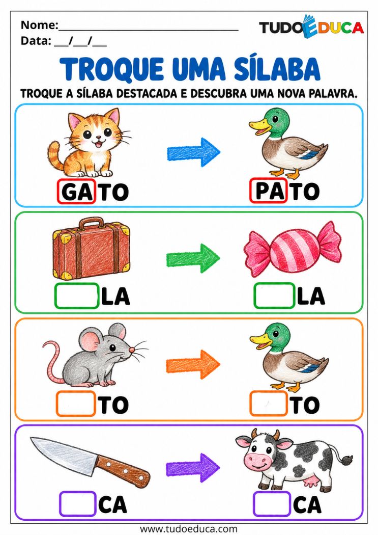 Atividade com troca de sílabas para imprimir