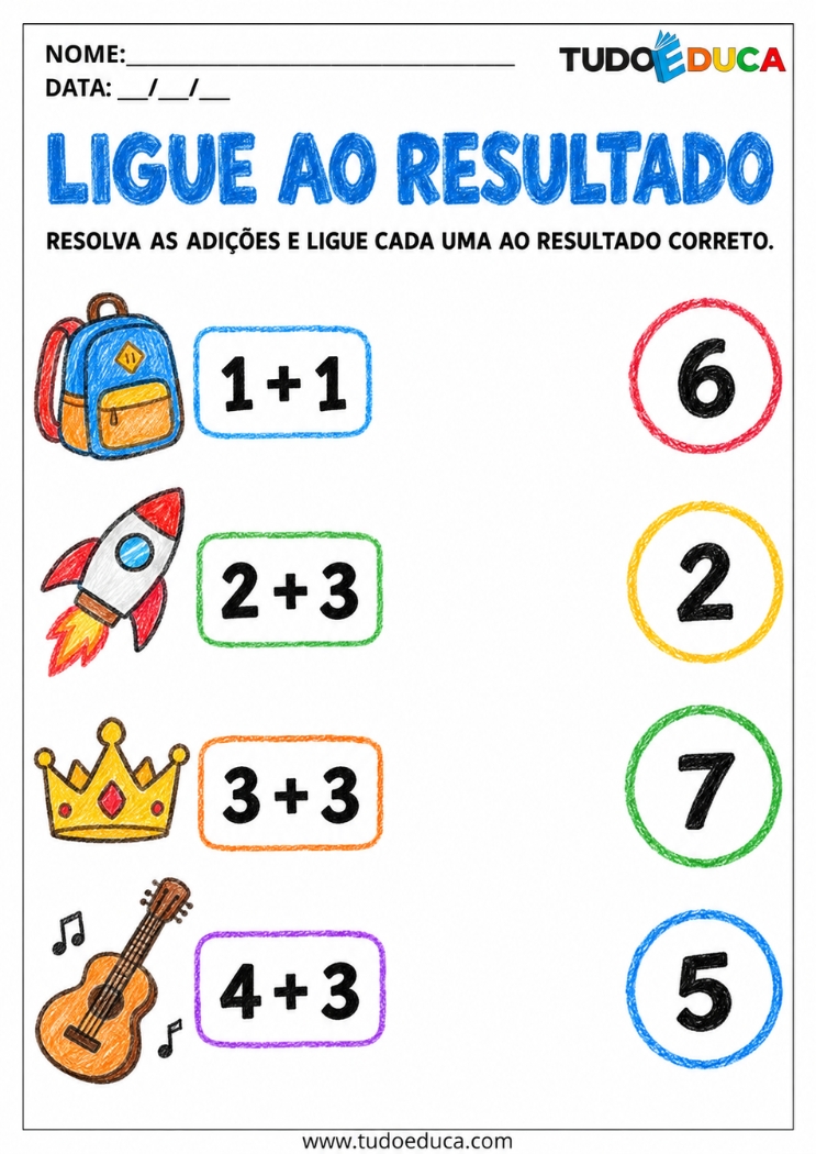 Atividade de Adição Simples com ligue o resultado para Deficiência Intelectual