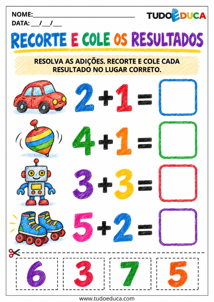 Atividade de Adição Simples com recorte e cole para Deficiência Intelectual
