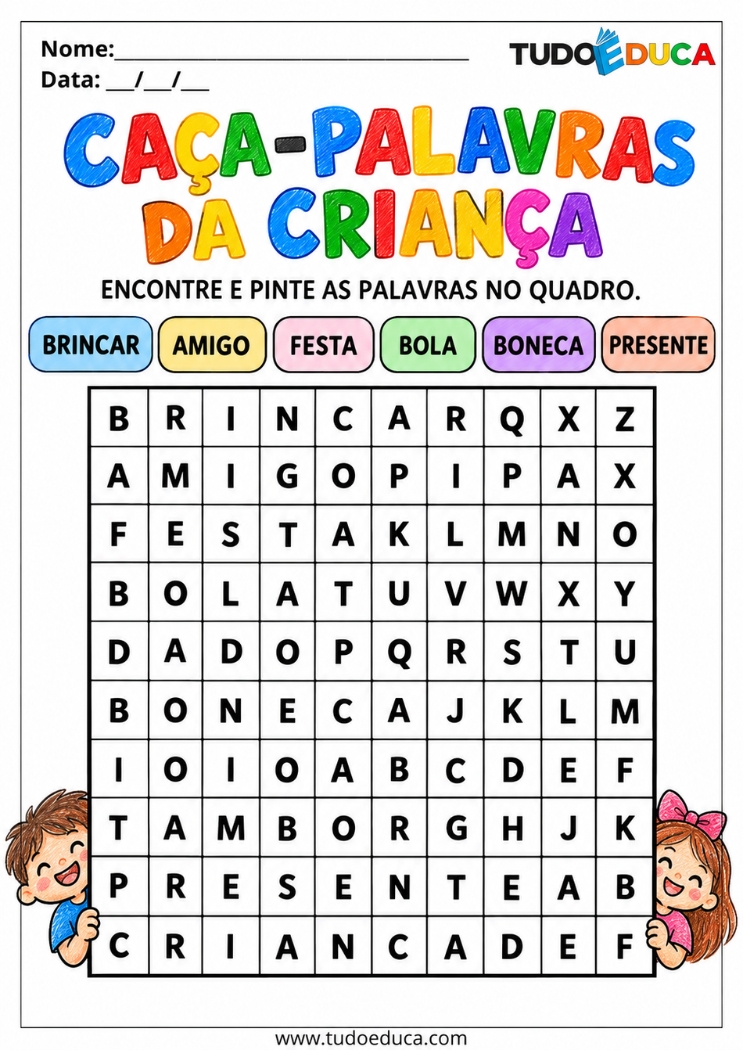 Atividade de Alfabetização caça palavras para o dia das Crianças