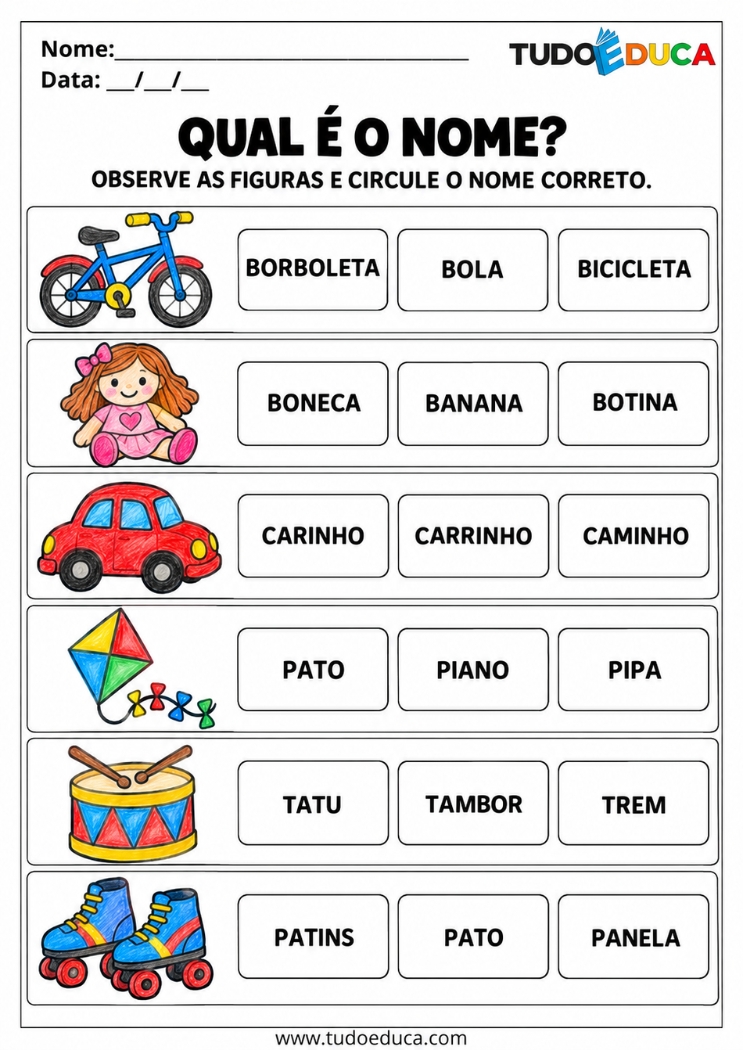 Atividade de Alfabetização com identificação de nomes para o dia das Crianças