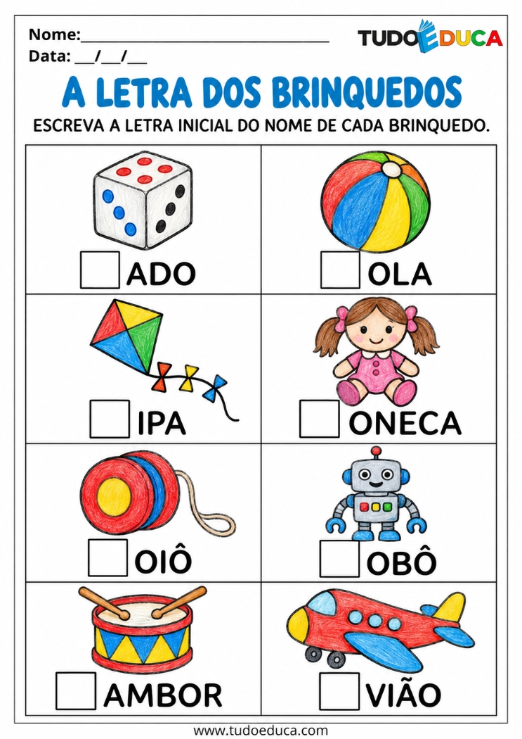 Atividade de Alfabetização com letras iniciais para o dia das Crianças