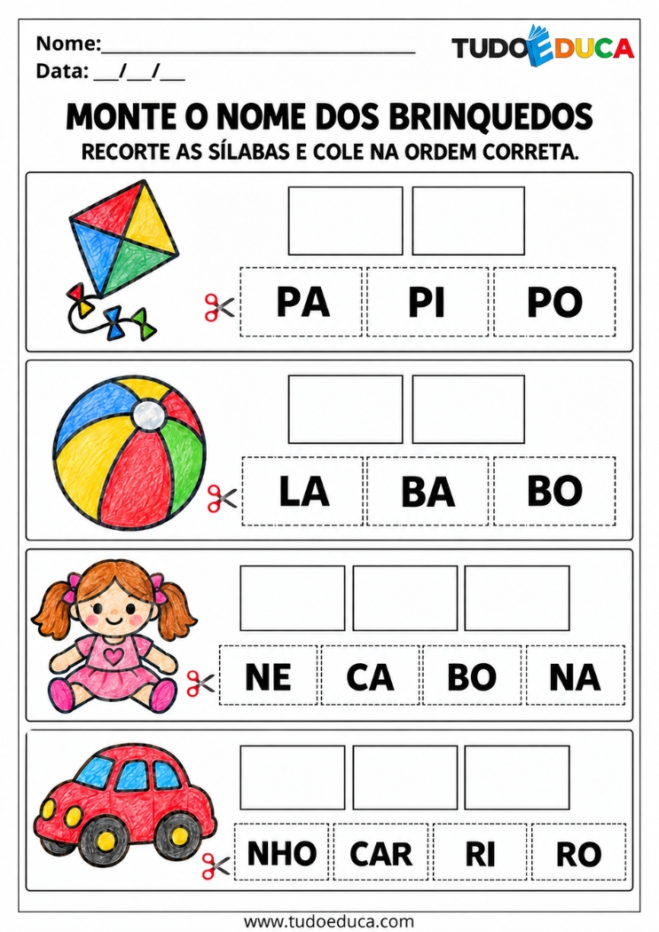 Atividade de Alfabetização com sílabas para o dia das Crianças