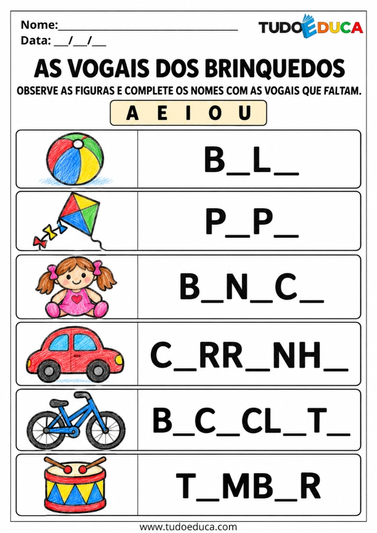 Atividade de Alfabetização com vogais para o dia das Crianças