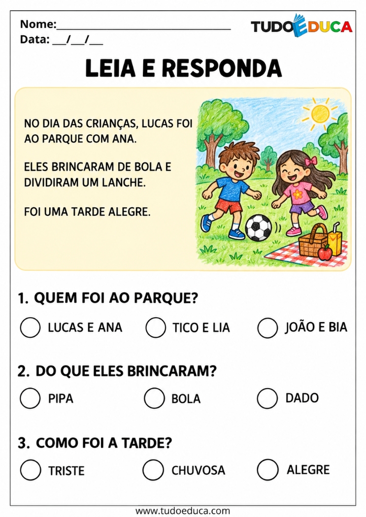 Atividade de Alfabetização leia e responda para o dia das Crianças