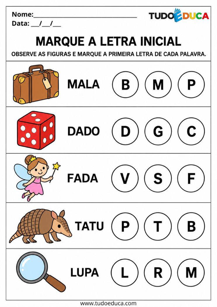 Atividade de Alfabetização para Síndrome de Down encontre a letra inicial